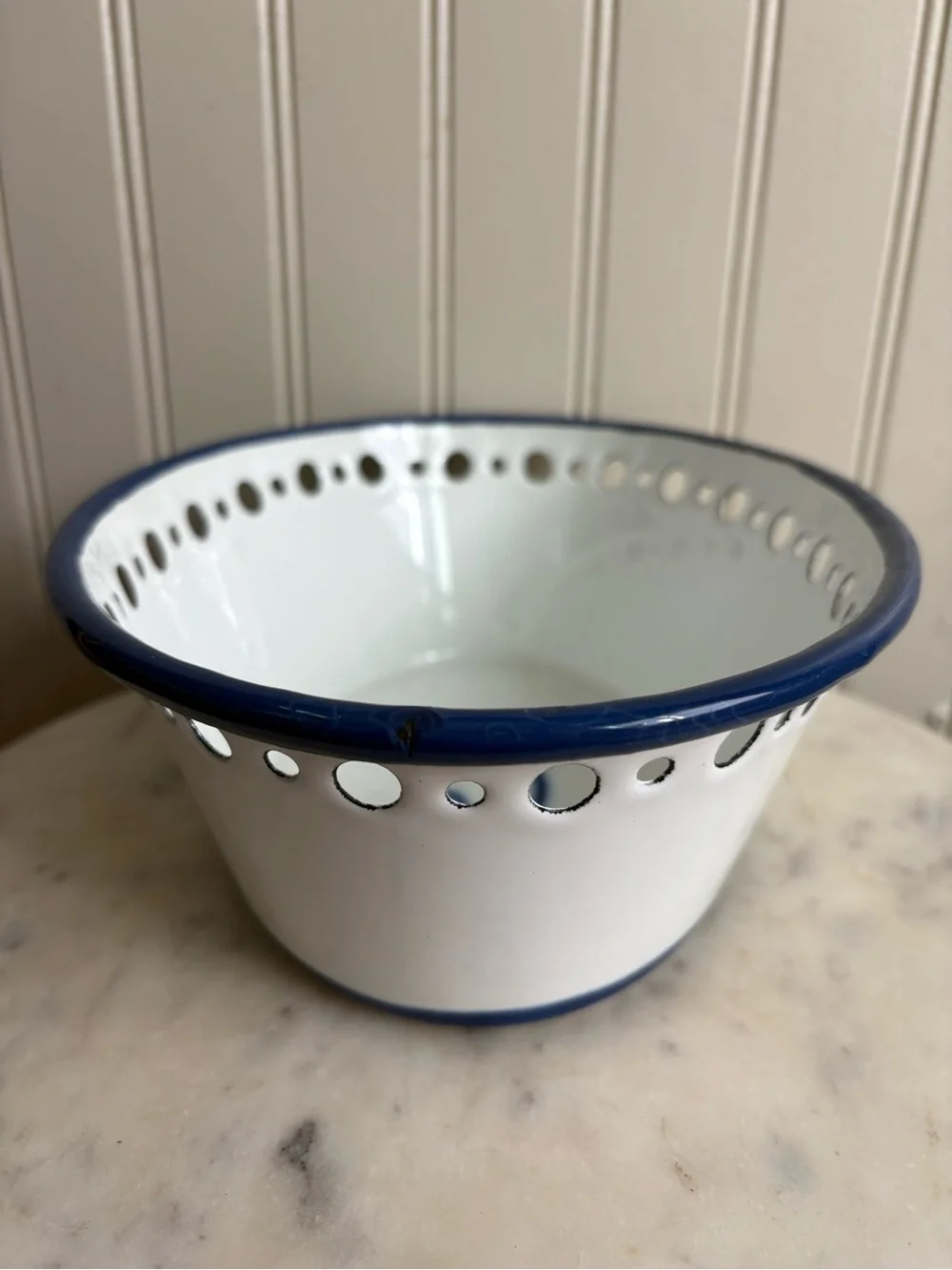 Vintage IKEA Enamel Arv Idyell Perforated Oval Bowl White & Blue Floral VTG 90s